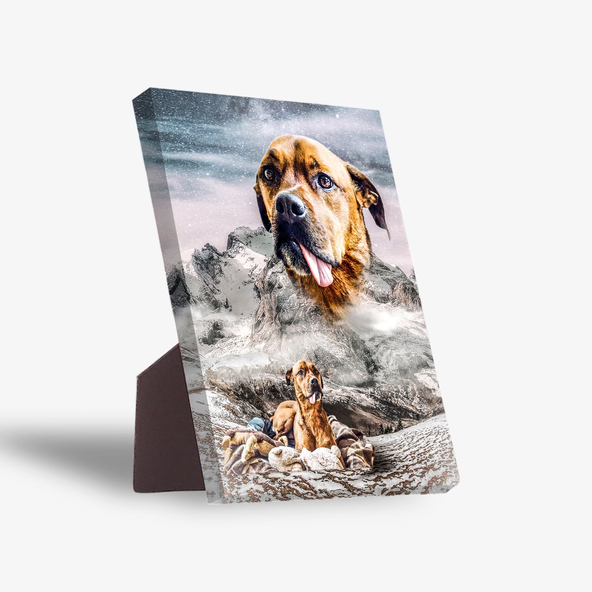 Personalized pet standing canvas featuring a brown dog against a snowy mountain backdrop.
