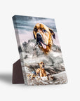 Personalized pet standing canvas featuring a brown dog against a snowy mountain backdrop.
