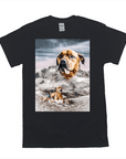 Black Gildan t-shirt with a personalized design featuring a dog's head emerging from snowy mountains.