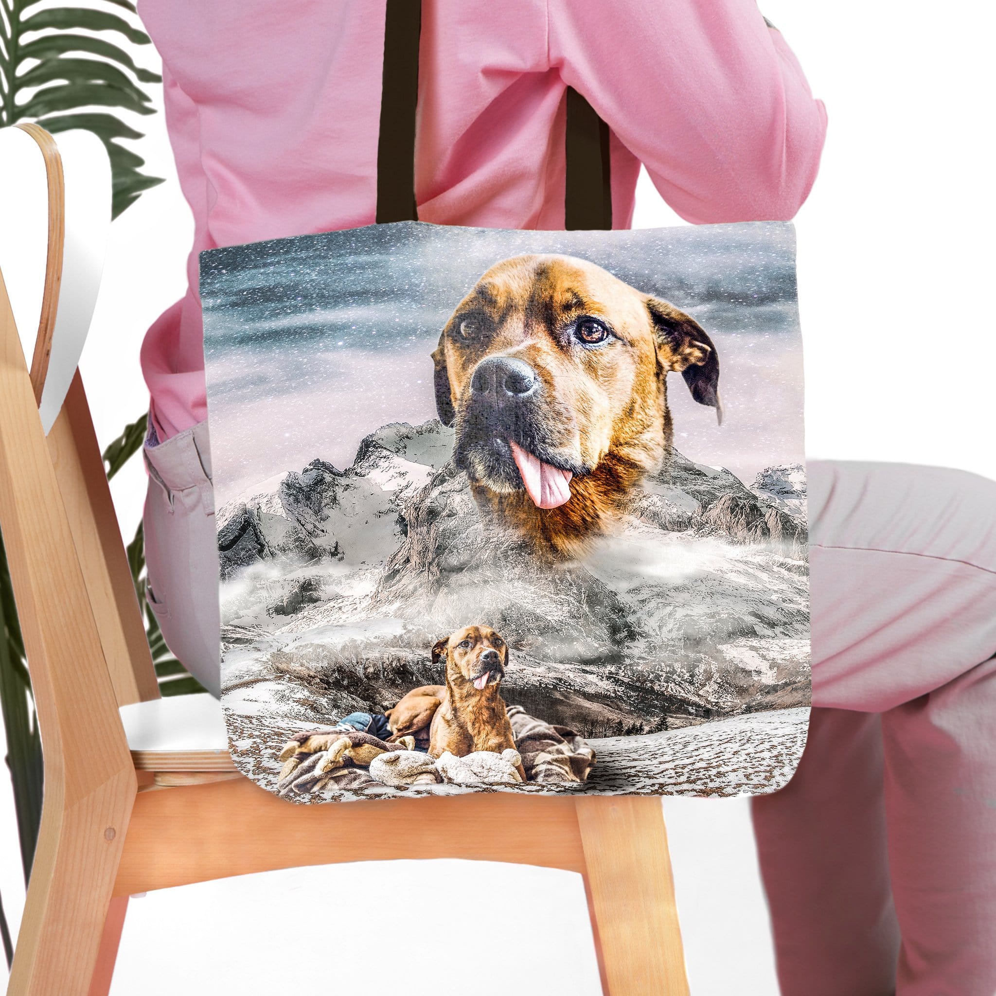 Personalized pet tote bag featuring a dog portrait on a snowy mountain landscape.