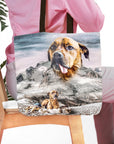 Personalized pet tote bag featuring a dog portrait on a snowy mountain landscape.