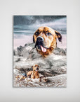 Personalized poster with a brown dog's head levitating over snowcapped mountains, with a smaller dog below.
