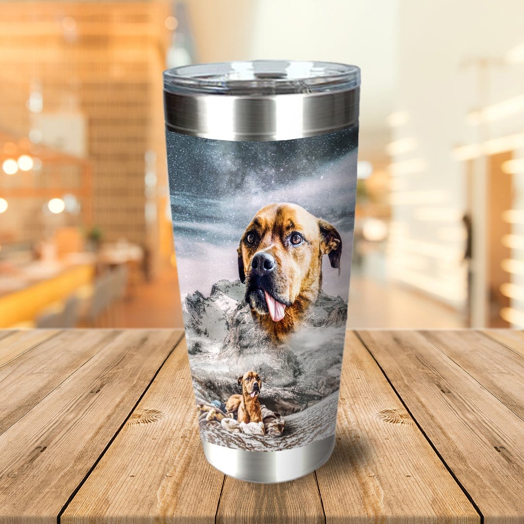 Personalized stainless steel tumbler with a custom dog portrait on a snowy mountain background.