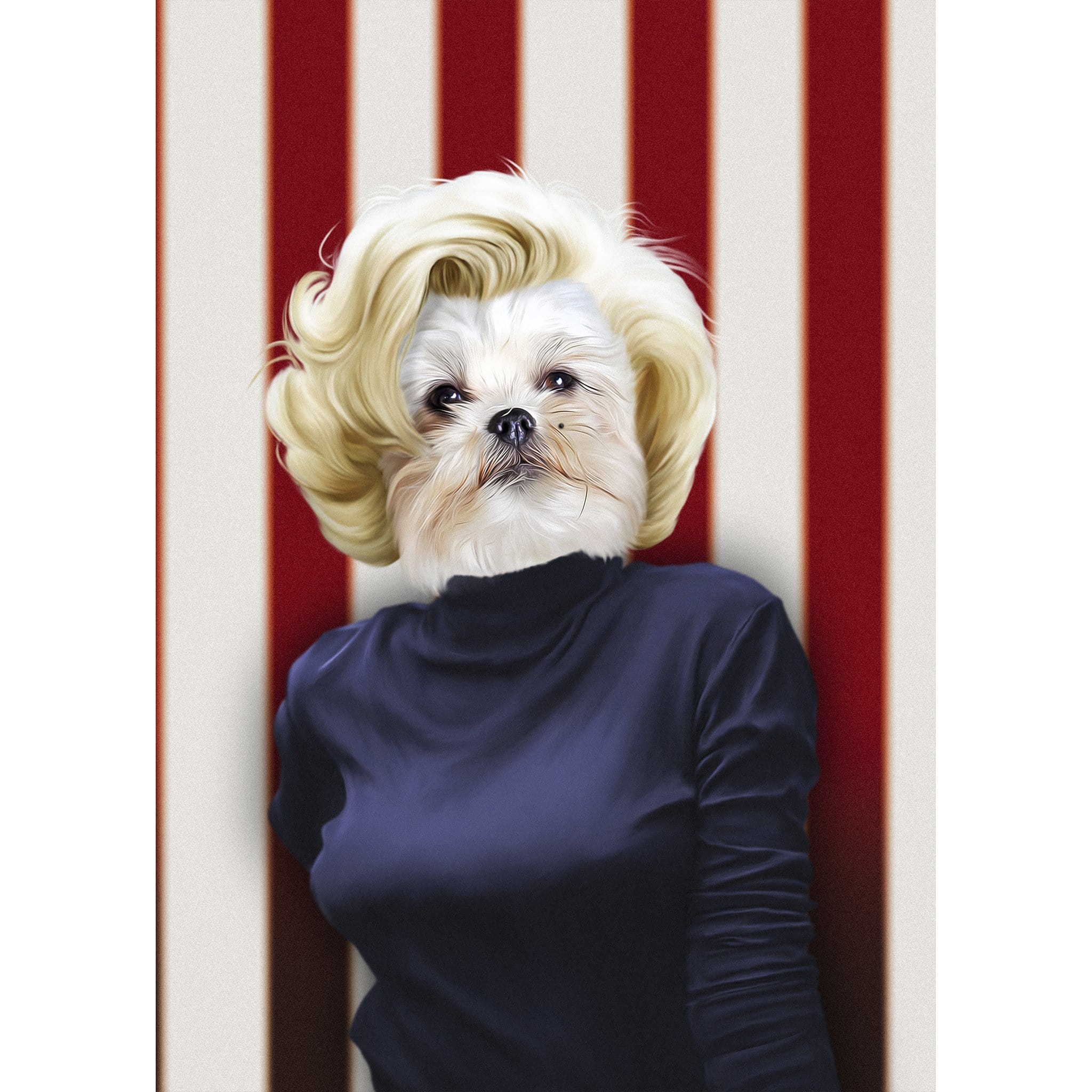 Custom digital portrait of a Shih Tzu dog with blonde hair in a black turtleneck against red and white stripes.