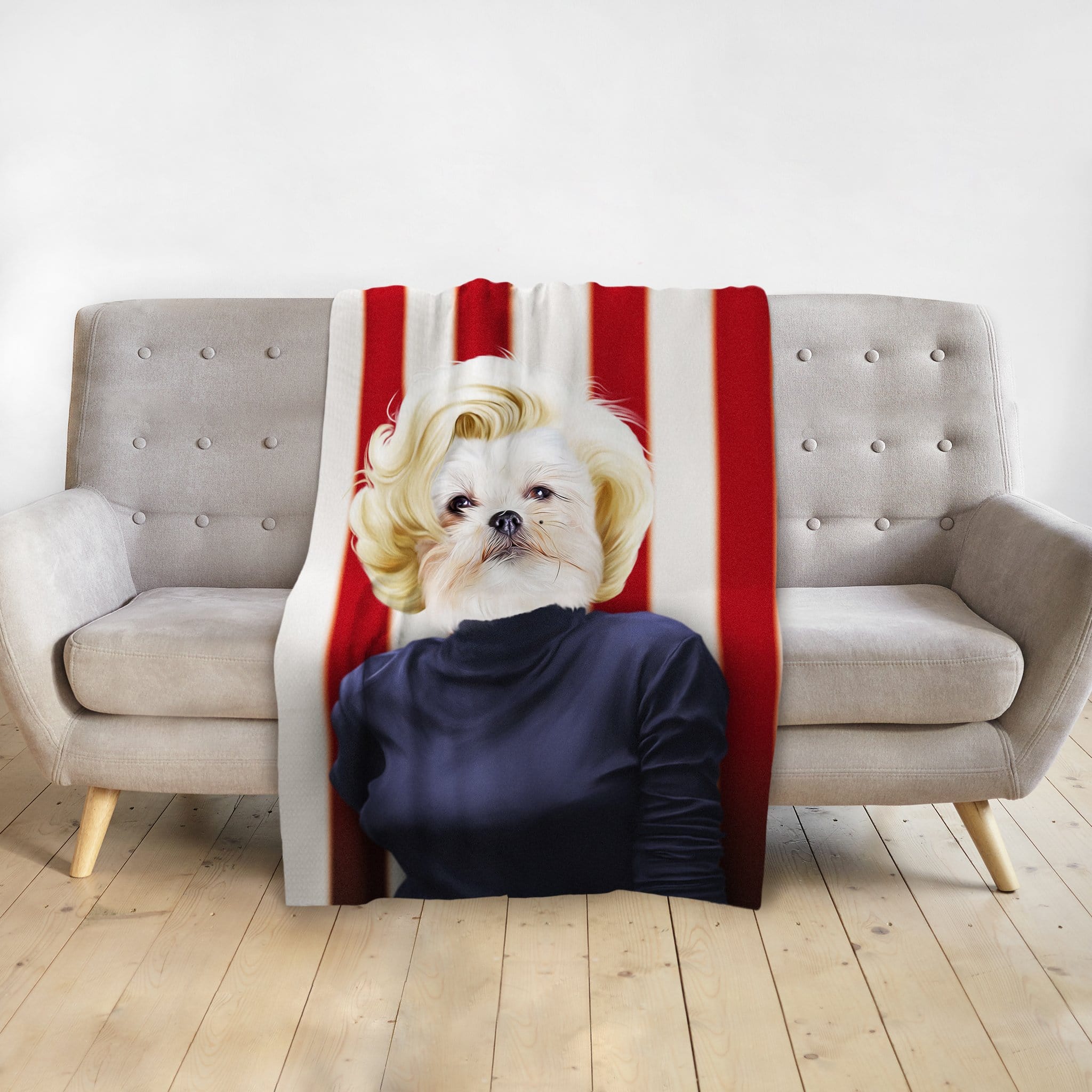 Personalized pet blanket with a Shih Tzu dog in a Marilyn Monroe-style portrait against red and white stripes.