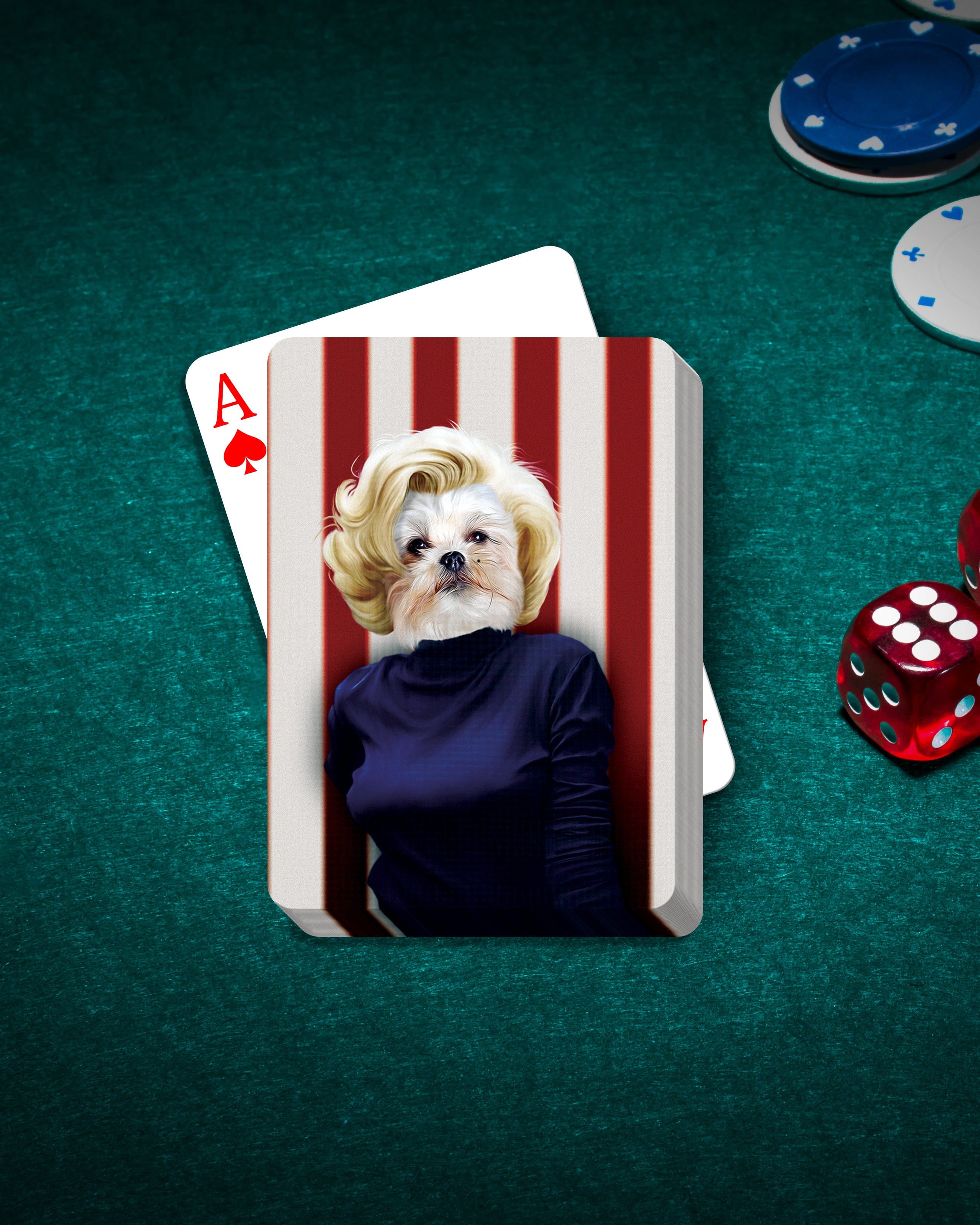 Personalized pet playing card featuring a dog in a Marilyn Monpaw portrait style on a green felt table.