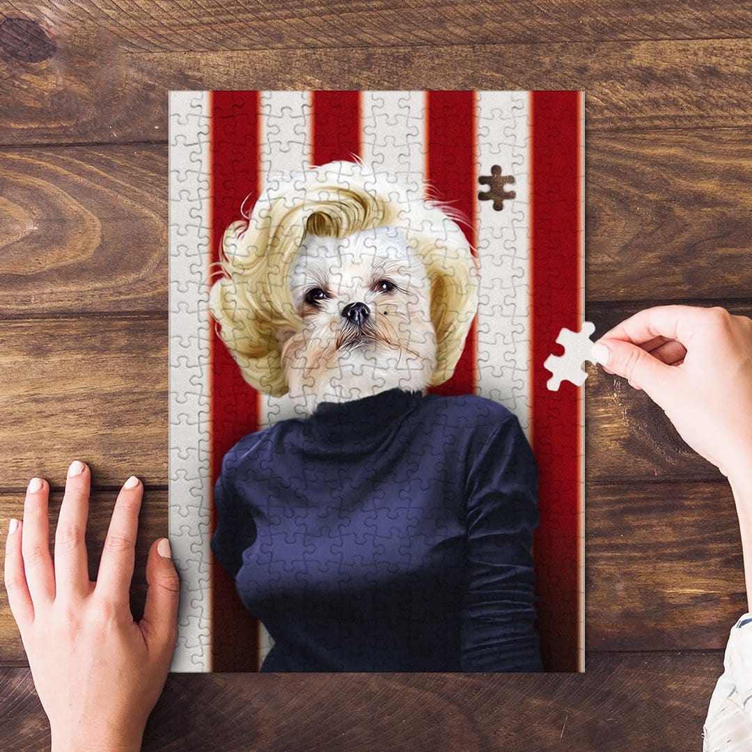Personalized pet puzzle featuring a Shih Tzu dog in a Marilyn Monpaw portrait style, red and white striped background.