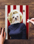Personalized pet puzzle featuring a Shih Tzu dog in a Marilyn Monpaw portrait style, red and white striped background.