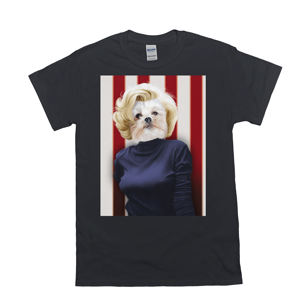 Black Gildan t-shirt featuring a personalized pet portrait of a white dog with blonde hair in a blue top.