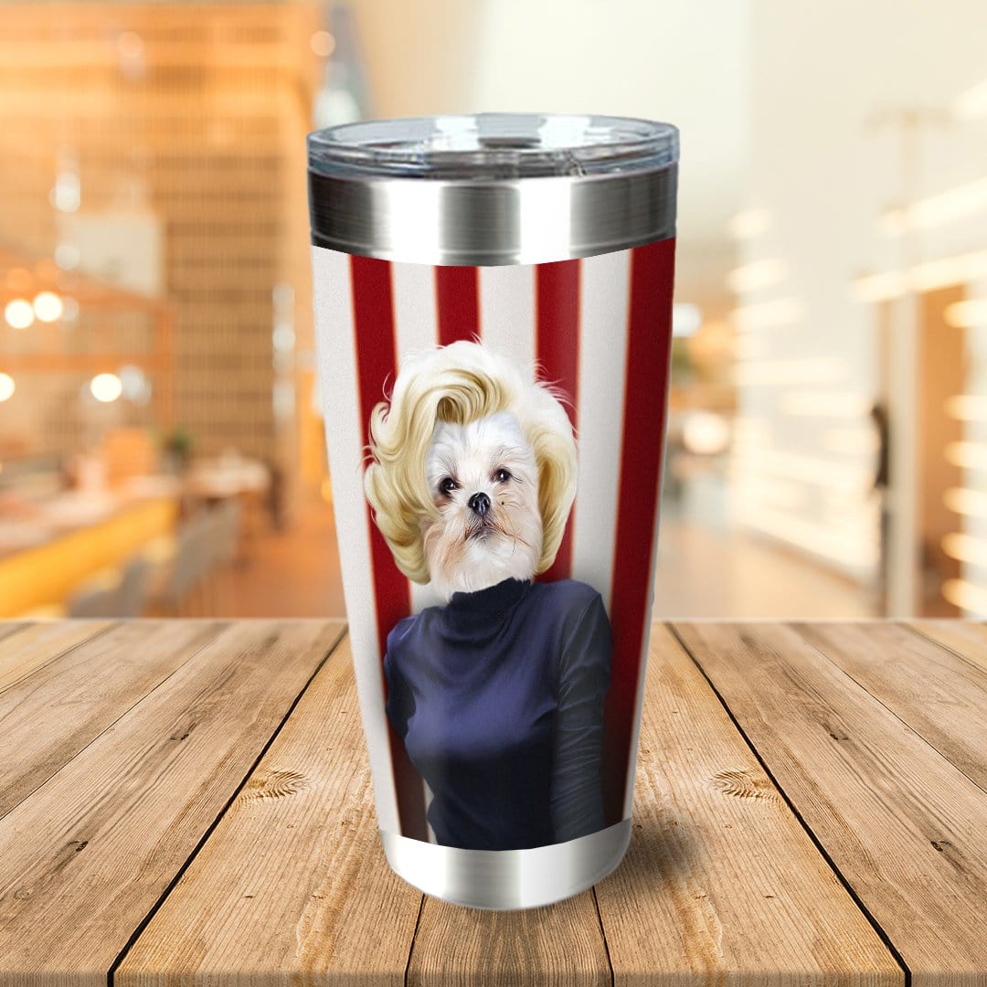 Personalized stainless steel tumbler with a Maltese dog in a Marilyn Monroe portrait against red and white stripes.
