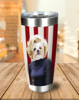 Personalized stainless steel tumbler with a Maltese dog in a Marilyn Monroe portrait against red and white stripes.