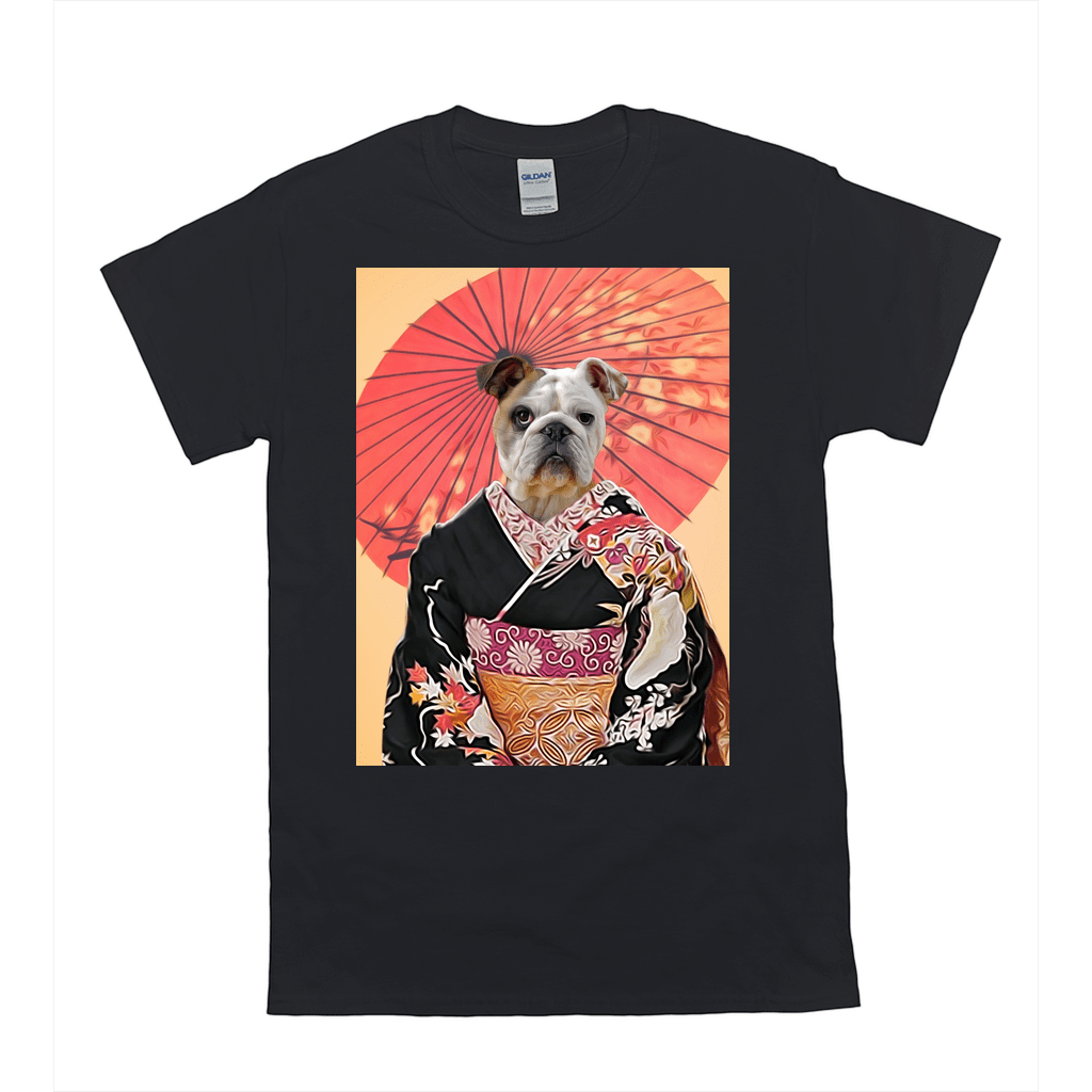 Black Gildan t-shirt with a bulldog in a black kimono and red parasol design.