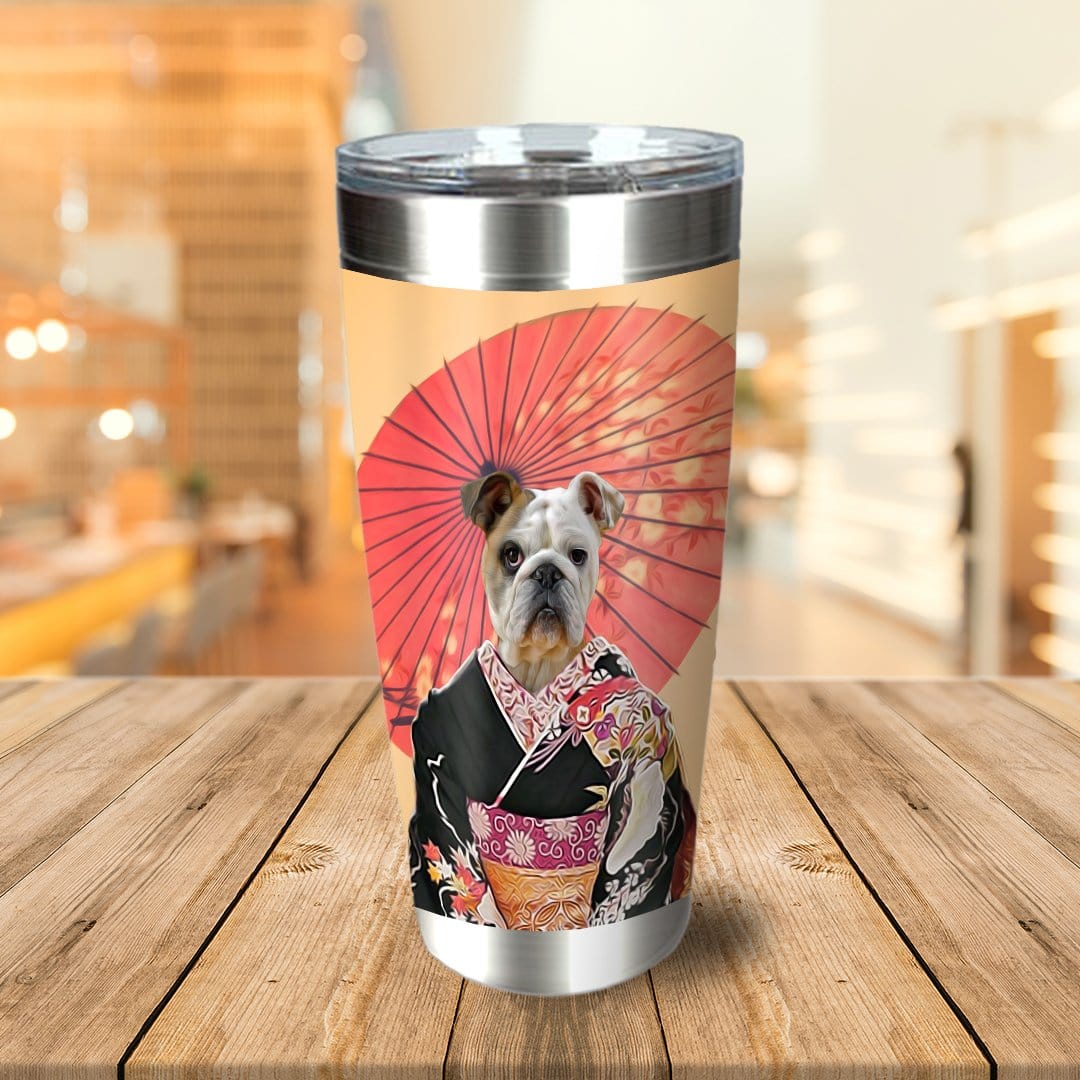 Personalized stainless steel tumbler with a custom bulldog pet portrait in a black kimono and red umbrella.