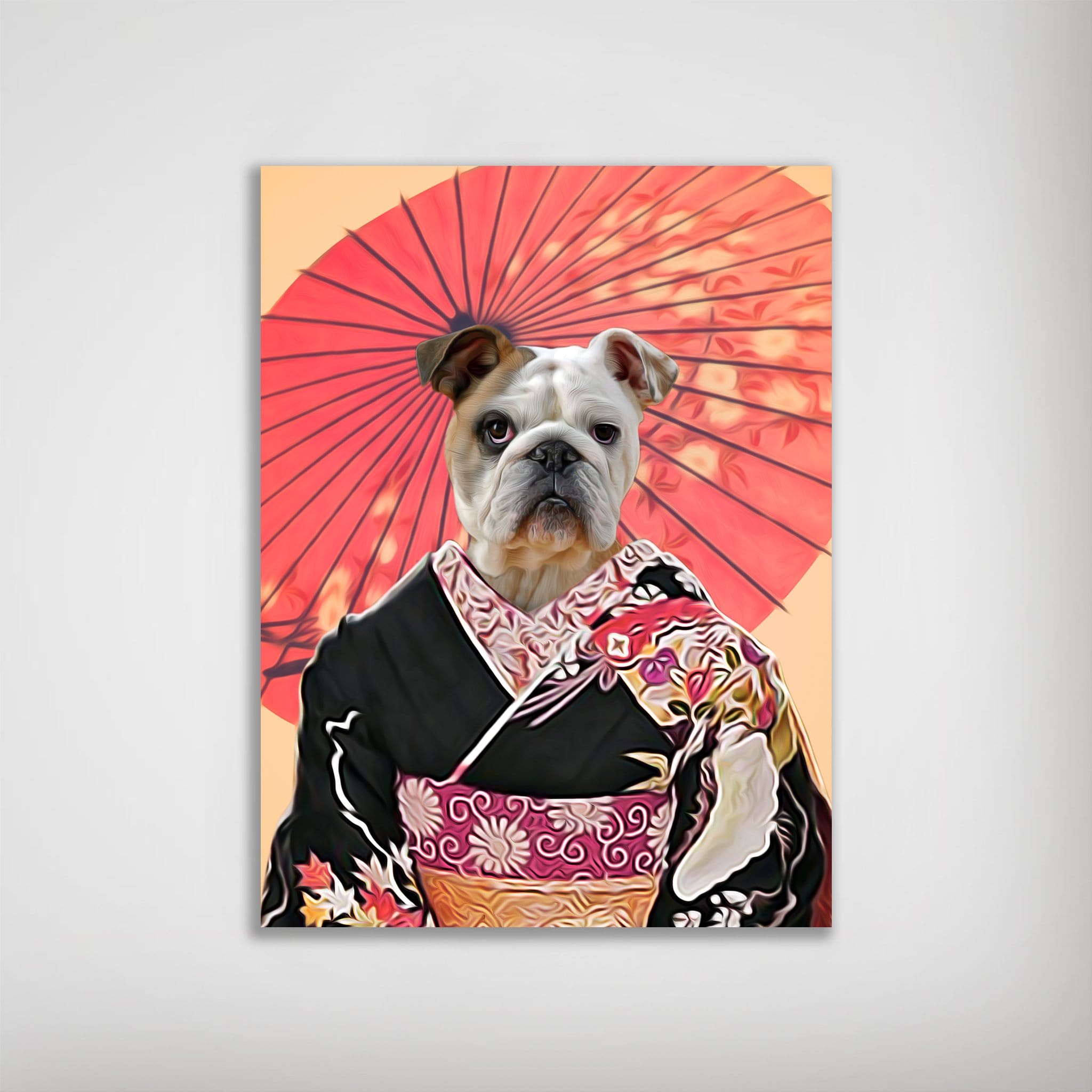 Personalized "Memoirs of A Doggeisha" poster featuring a bulldog in a black kimono with a red Japanese umbrella.