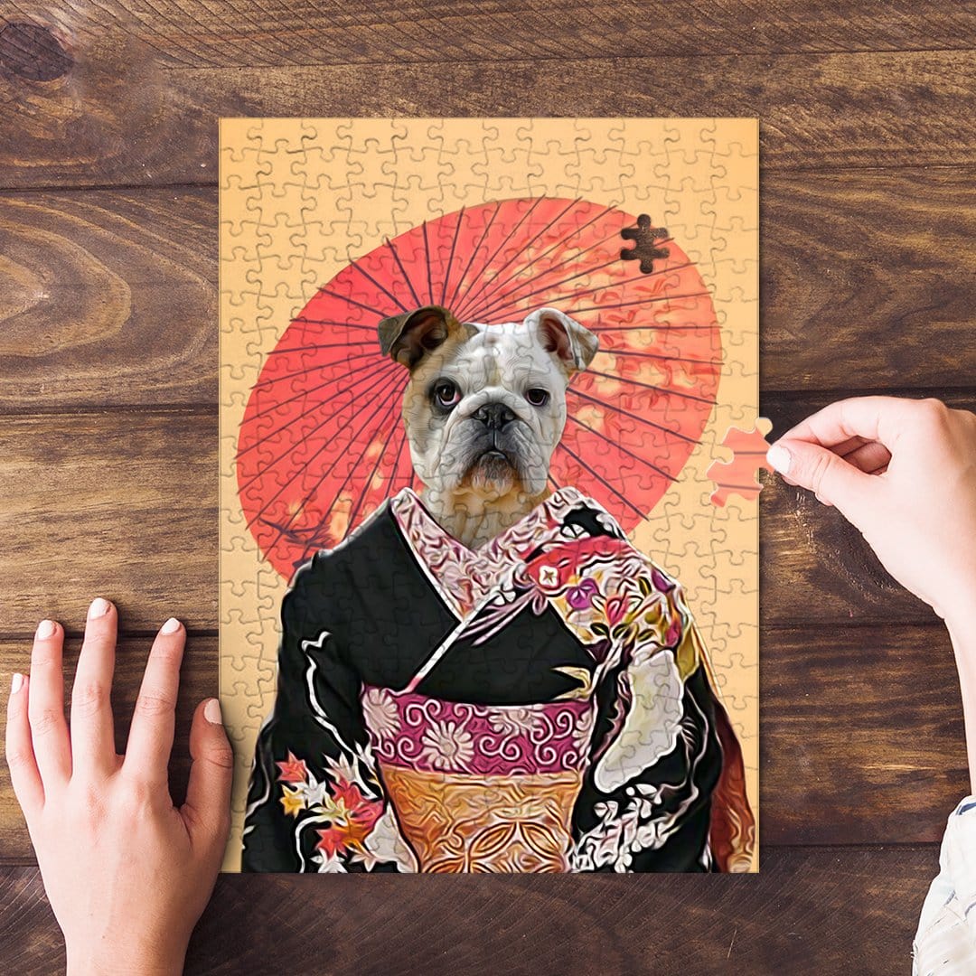 Personalized 'Memoirs of Doggeisha' pet puzzle featuring a bulldog in a kimono with a red umbrella.