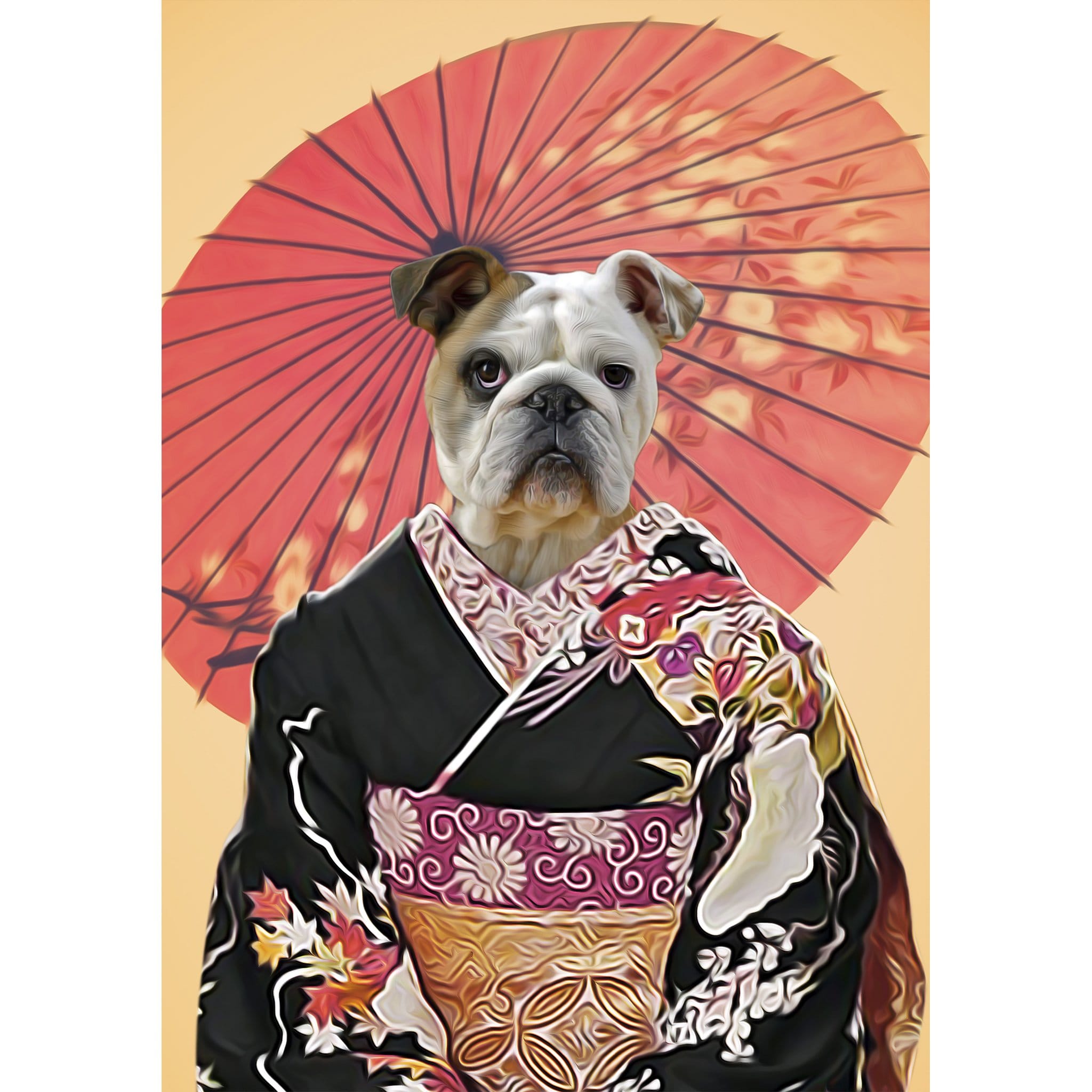Personalized bulldog pet portrait in a black kimono with a red Japanese umbrella.