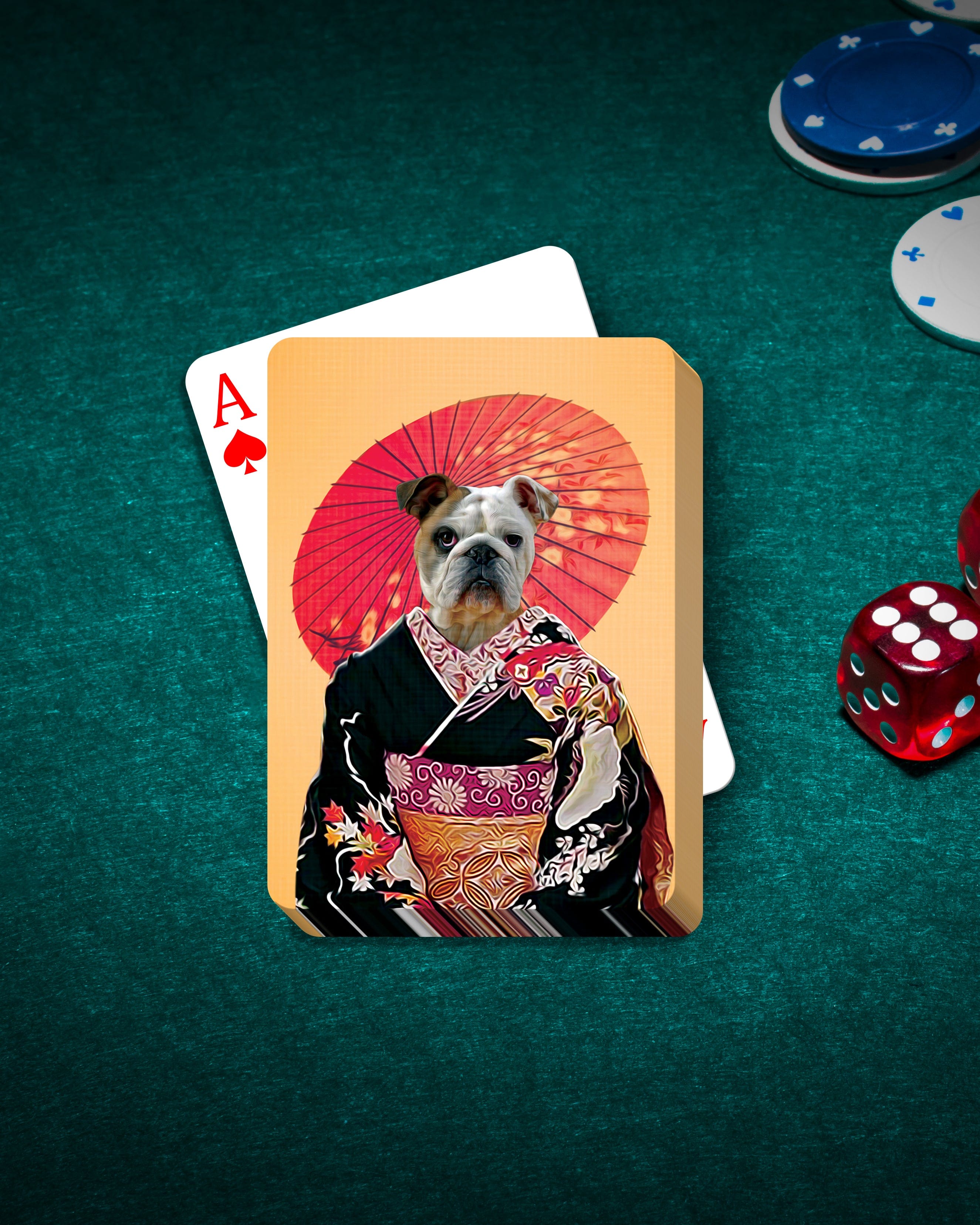 Personalized playing card featuring a bulldog in a black kimono with a red umbrella, on a green poker table.