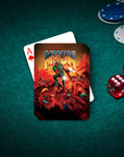 Custom 'Meow' personalized pet playing cards featuring a dog in a Doom-style cartoon portrait.