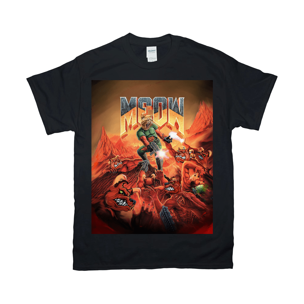 Black Gildan t-shirt with a "Meow" personalized pet design featuring a cat-like character in a fiery landscape.