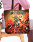 Personalized 'Meow' tote bag with a custom pet portrait in a Doom-style cartoon design.