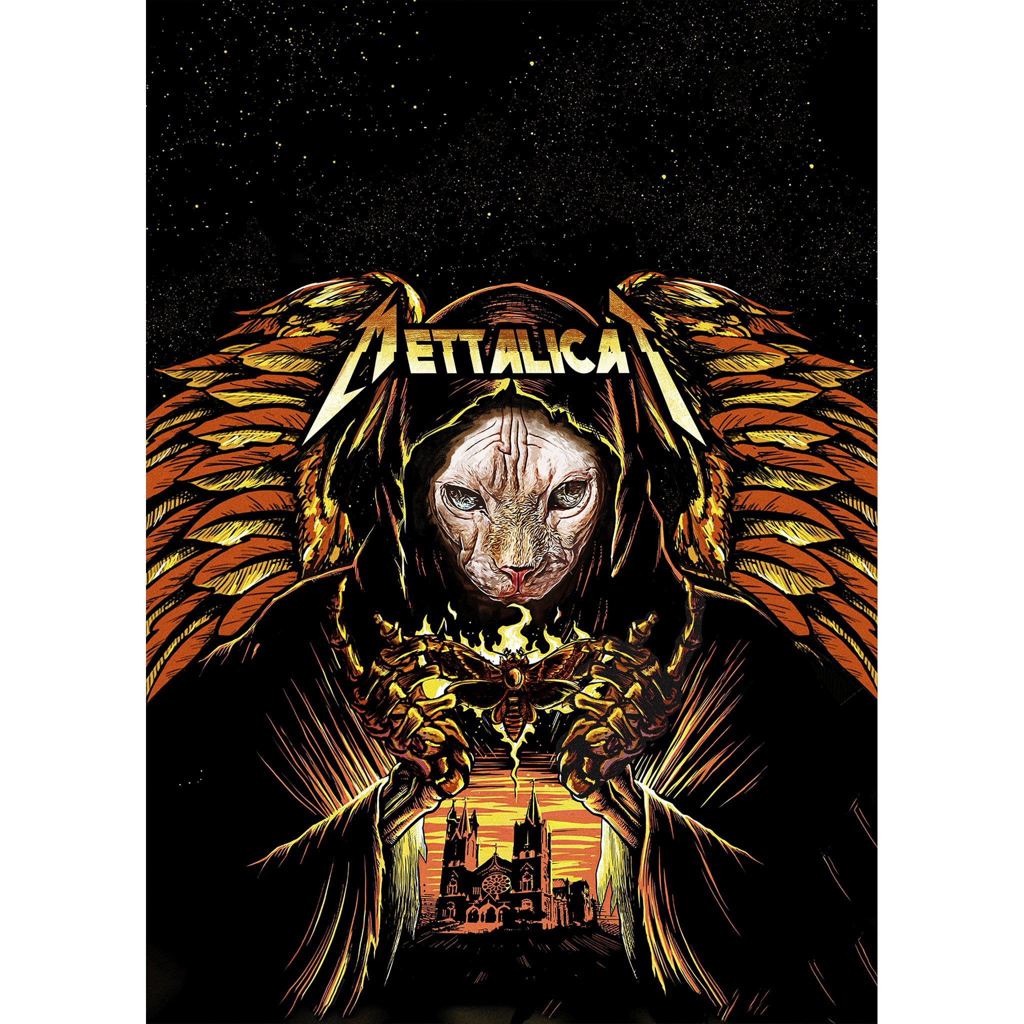 Custom 'Mettalicat' digital portrait featuring a Sphynx cat in a hooded robe with wings.