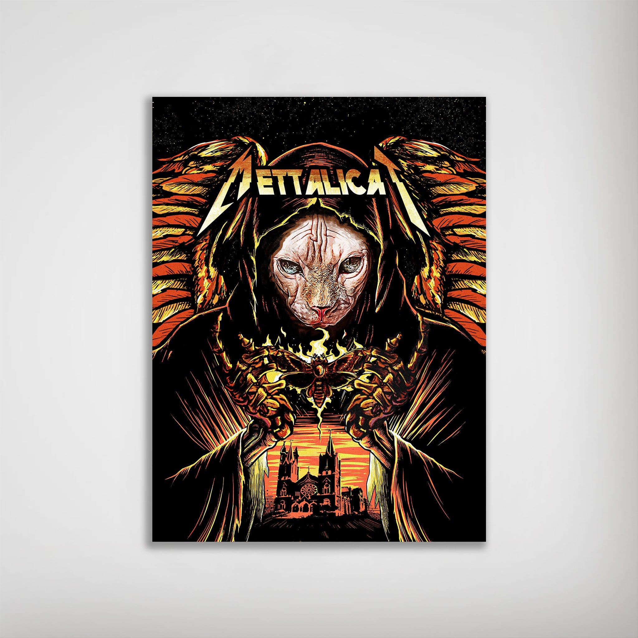 Personalized 'Mettalicat' poster featuring a Sphynx cat in a black hooded robe with fiery wings, holding a moth over a gothic church.