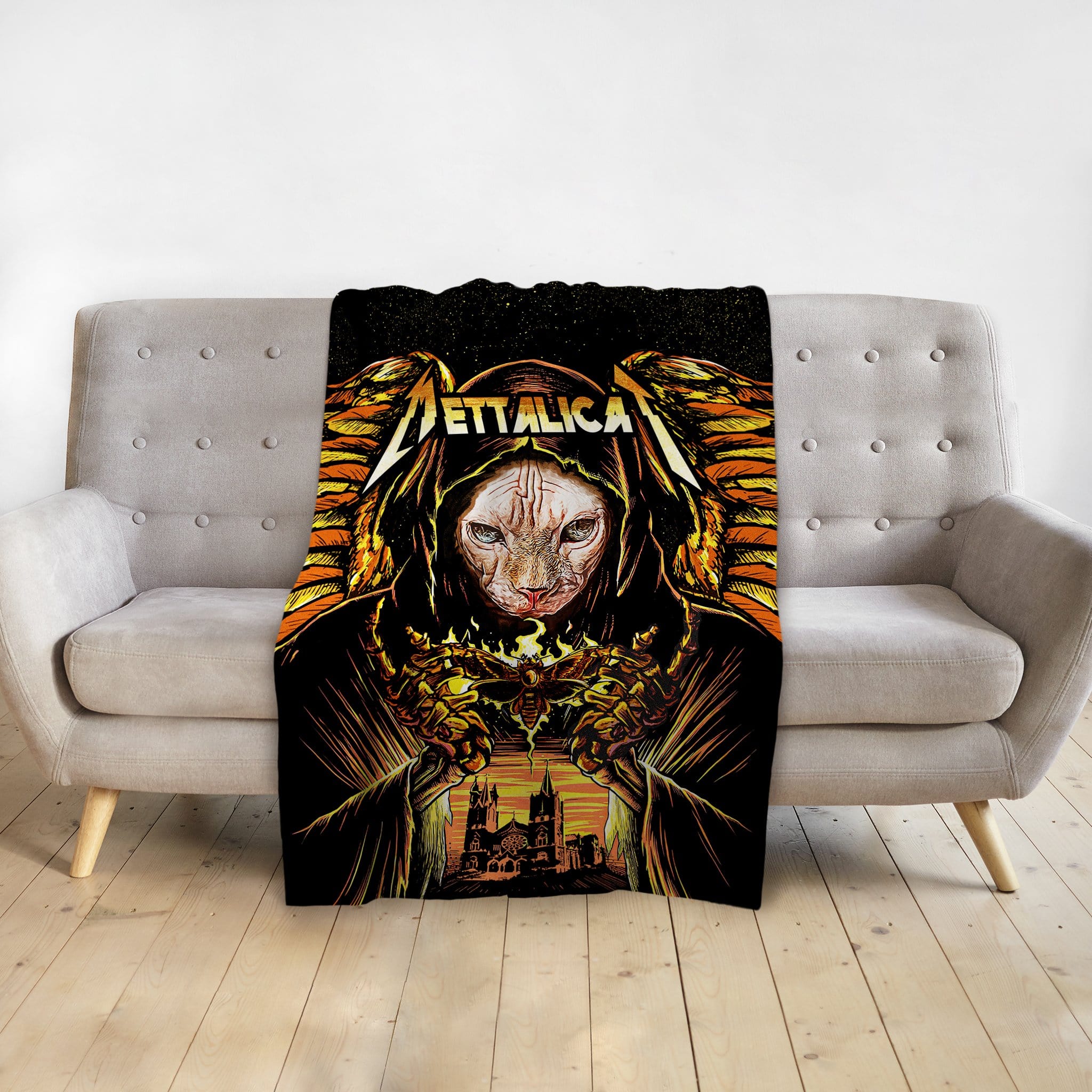 Personalized black blanket with a custom Sphynx cat portrait in a dark, winged, Metallica-style design.