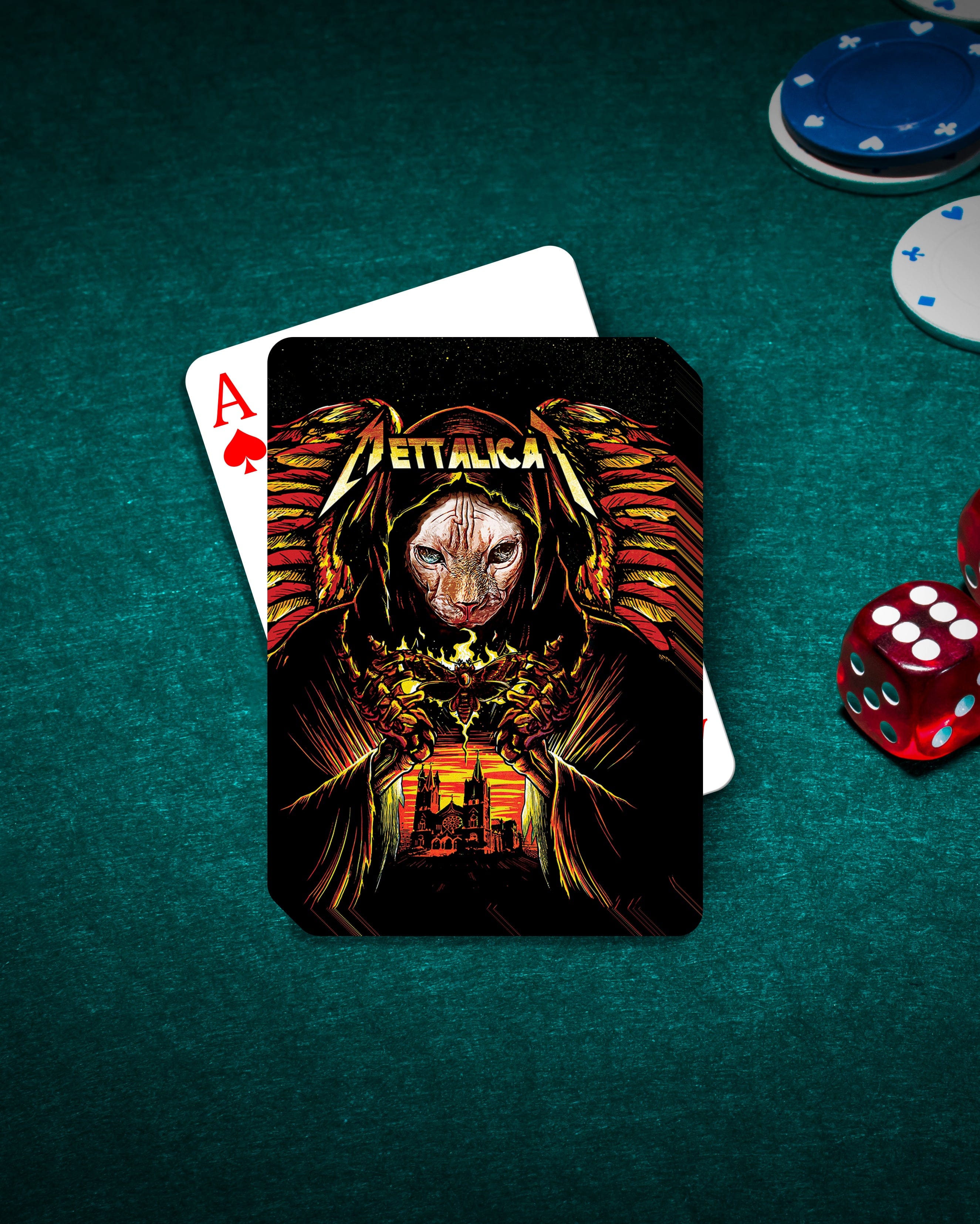 Personalized 'Mettalicat' playing card featuring a custom pet portrait of a Sphynx cat in a dark, gothic style.