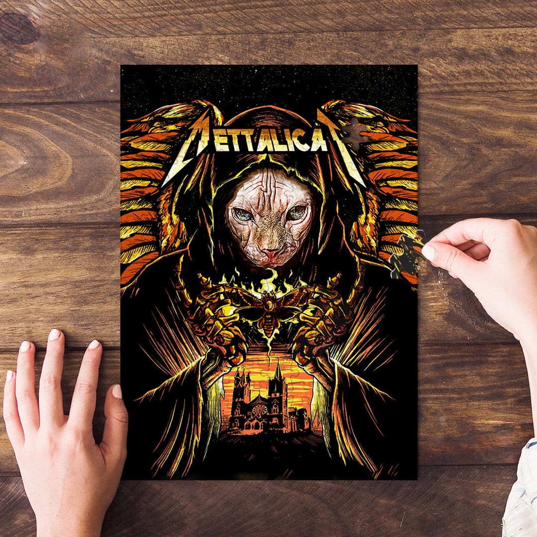 Personalized 'Mettalicat' pet puzzle featuring a Sphynx cat in a dark, winged, hooded robe.