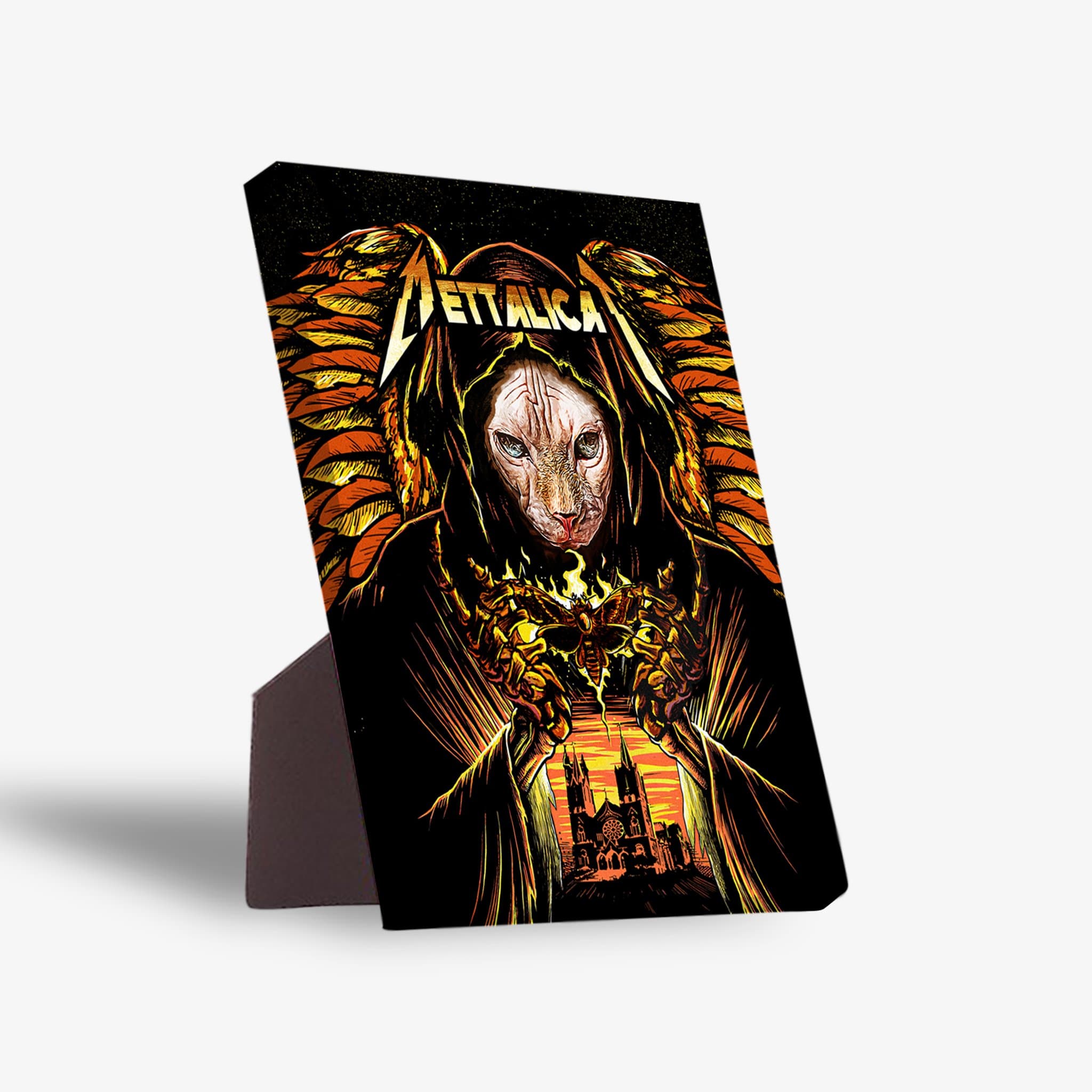 Mettalicat personalized pet standing canvas featuring a Sphinx cat in a dark robe with fiery wings and a church.