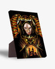 Mettalicat personalized pet standing canvas featuring a Sphinx cat in a dark robe with fiery wings and a church.