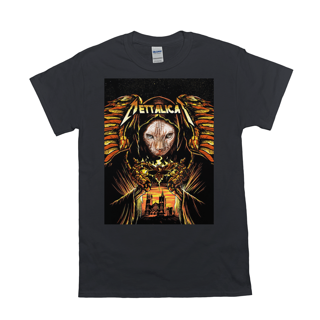 Black Gildan t-shirt with a "Mettalicat" graphic featuring a cat's face, wings, and a cityscape.