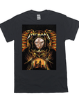 Black Gildan t-shirt with a "Mettalicat" graphic featuring a cat's face, wings, and a cityscape.
