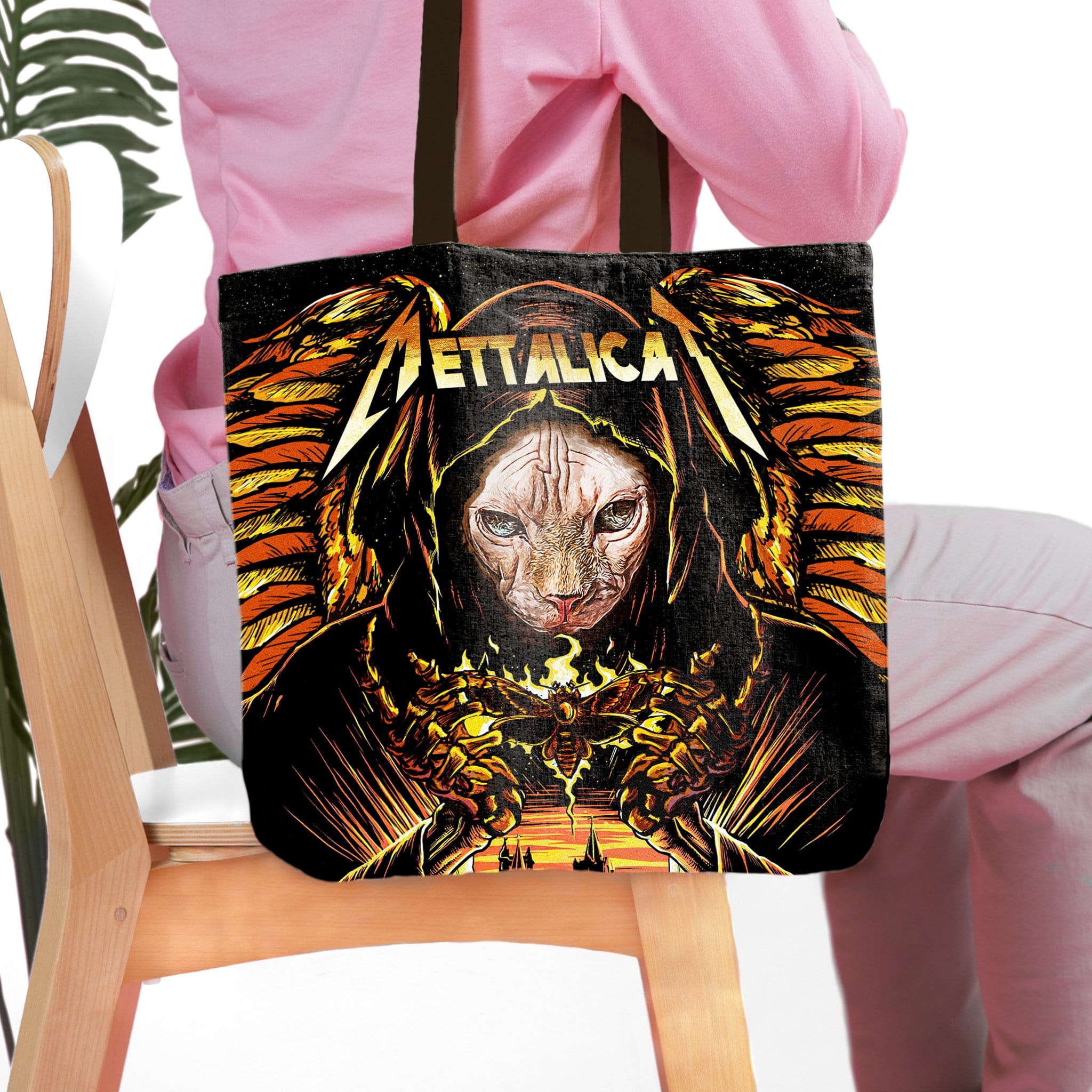 Personalized black Mettalicat tote bag with a Sphinx cat portrait in a hooded robe.