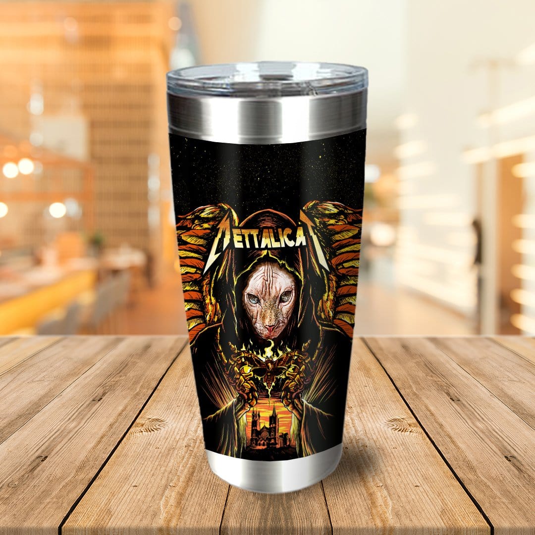 Personalized stainless steel tumbler with a custom "Mettalicat" Sphinx cat portrait in a dark, winged, Viking-style design.