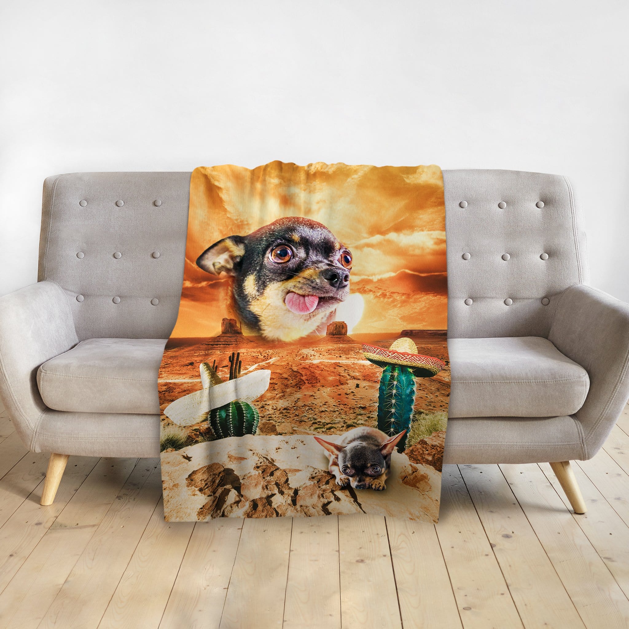 Personalized pet blanket with a chihuahua portrait in a "Mexican Desert" scene.