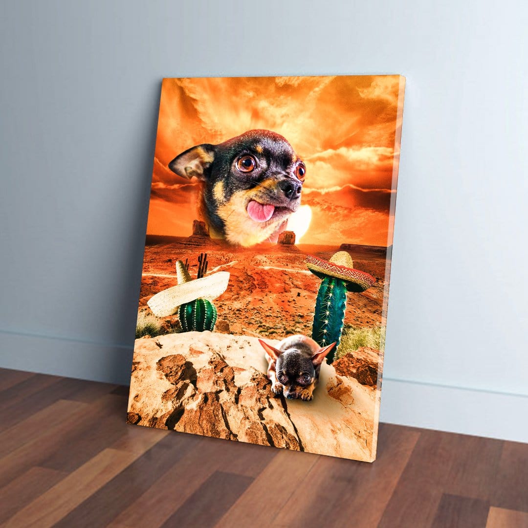 Custom pet canvas: Chihuahua head levitating over a desert sunset with saguaro cacti in sombreros.