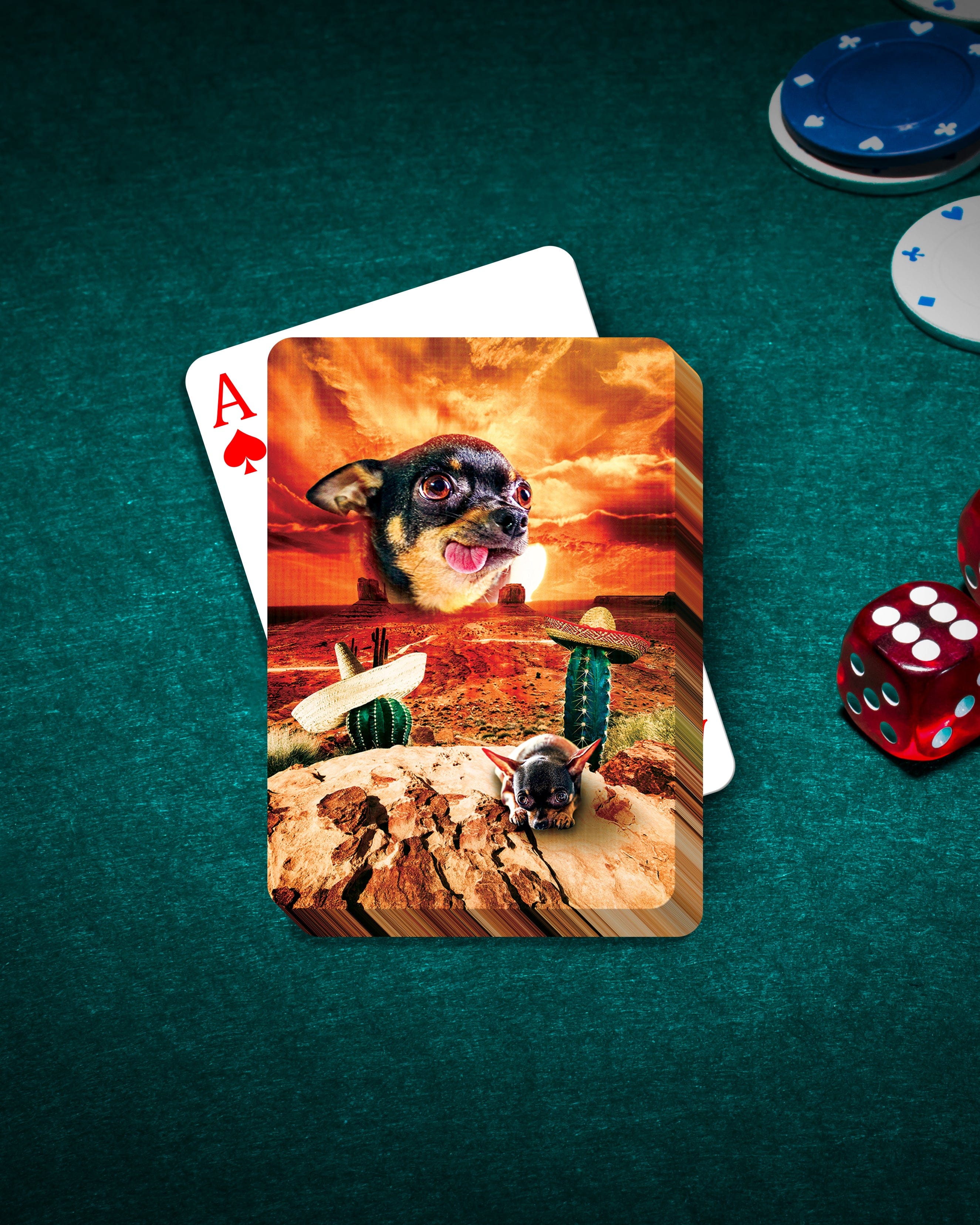 Personalized playing cards featuring a chihuahua pet portrait in a Mexican desert scene with sunset.