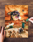 Personalized pet puzzle with a Chihuahua in a Mexican desert scene, hands assembling pieces.