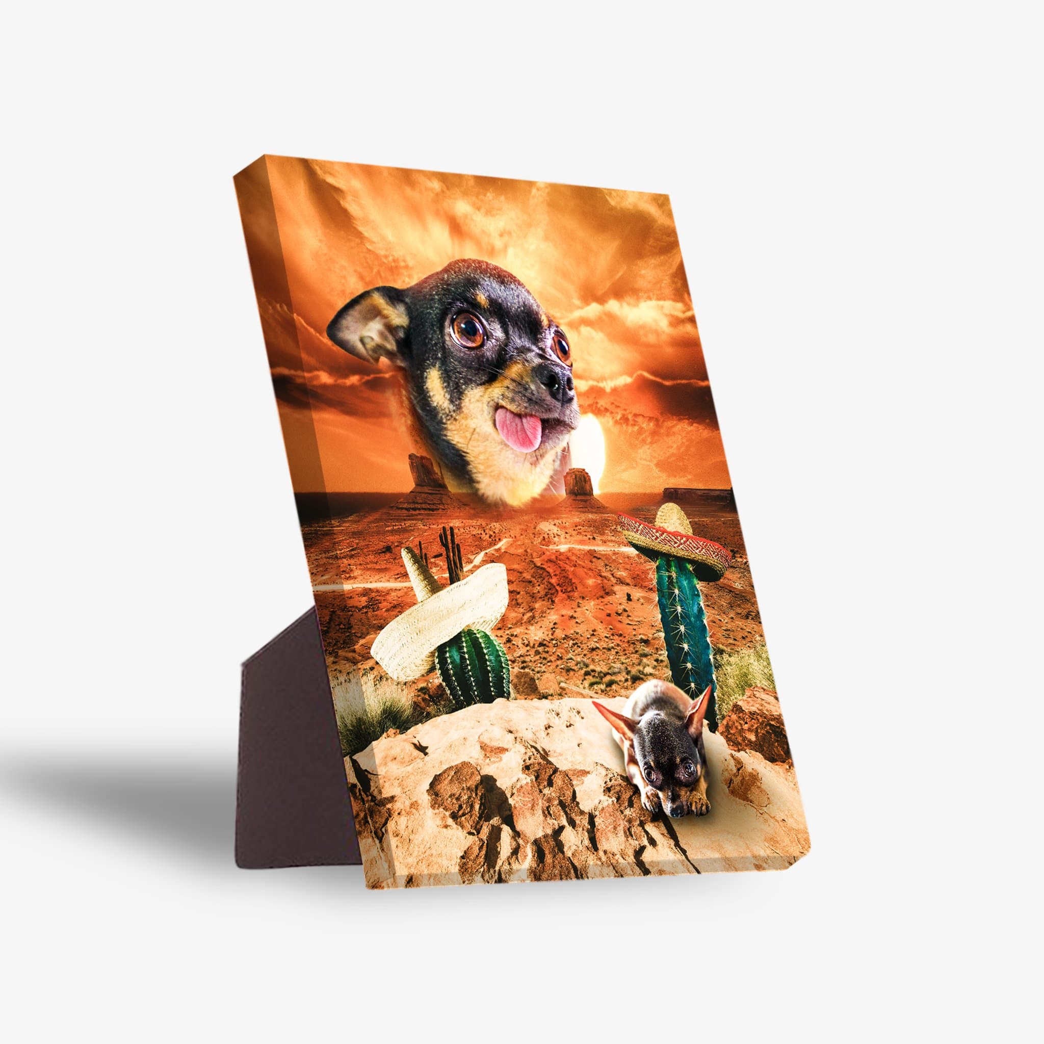 Personalized pet standing canvas featuring a chihuahua in a Mexican desert scene with cacti and sombreros under an orange sunset.