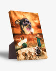 Personalized pet standing canvas featuring a chihuahua in a Mexican desert scene with cacti and sombreros under an orange sunset.