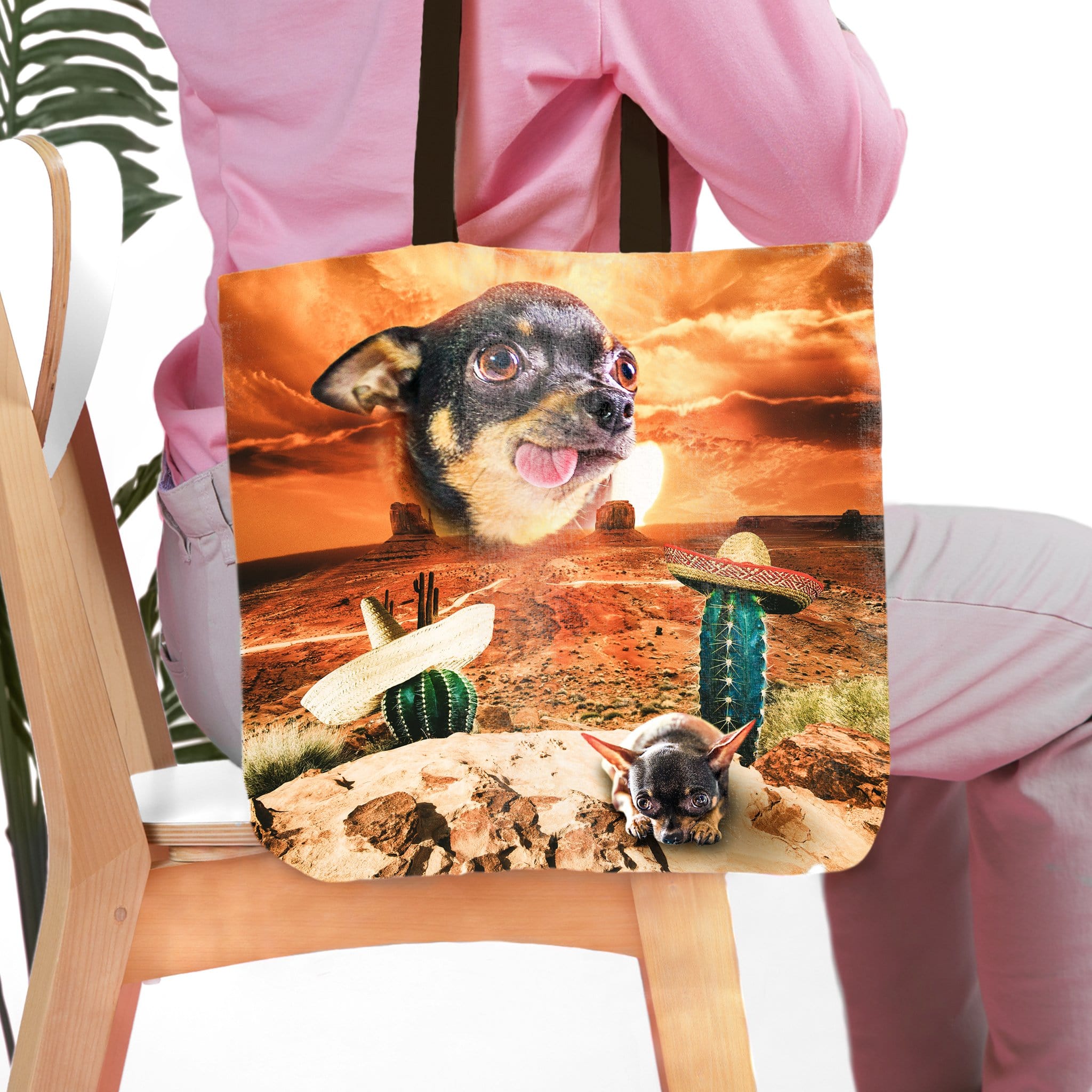 Personalized pet tote bag with a Chihuahua portrait in a Mexican desert scene.