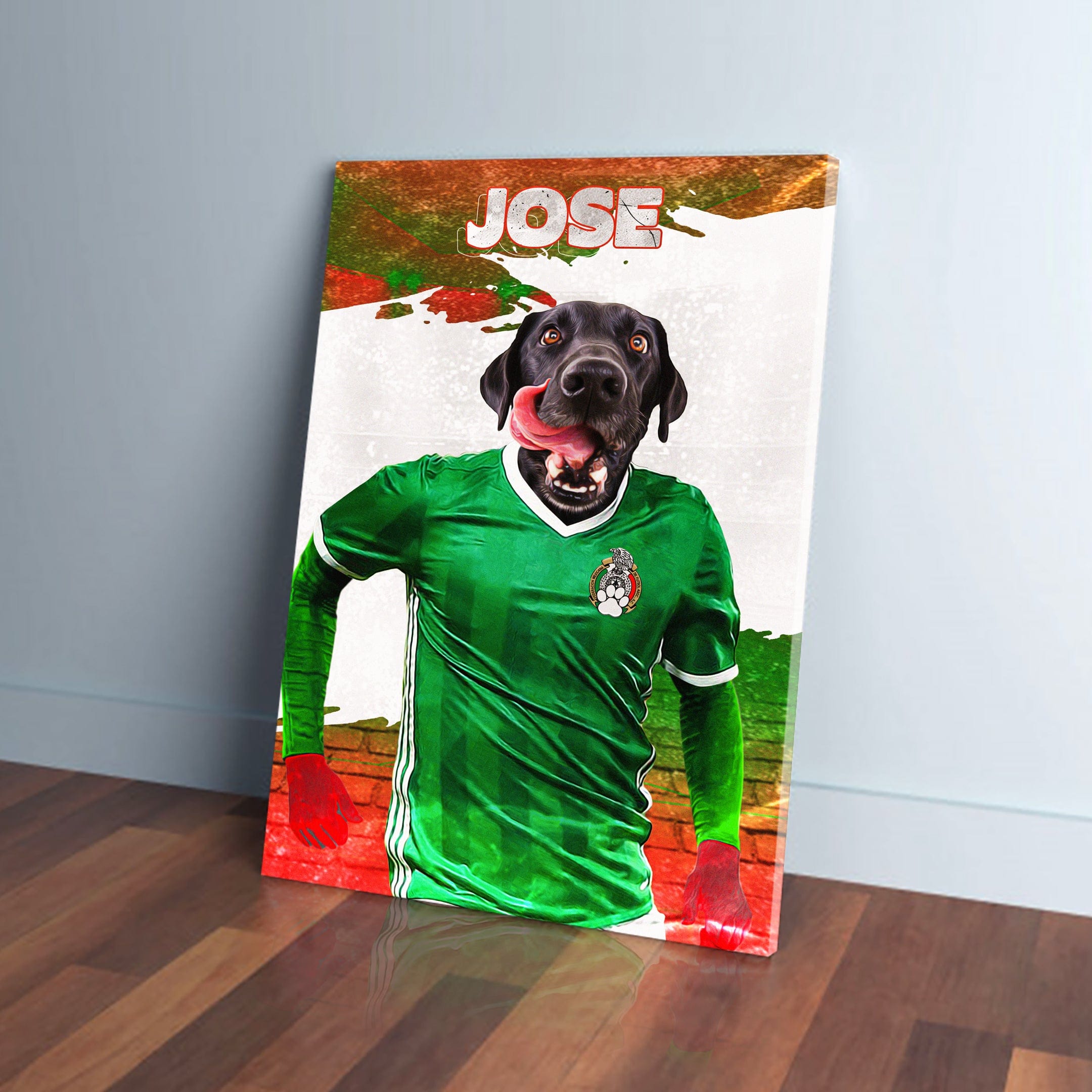 Personalized pet canvas featuring a black dog in a green Mexico soccer jersey with "JOSE" above.