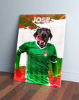 Personalized pet canvas featuring a black dog in a green Mexico soccer jersey with "JOSE" above.