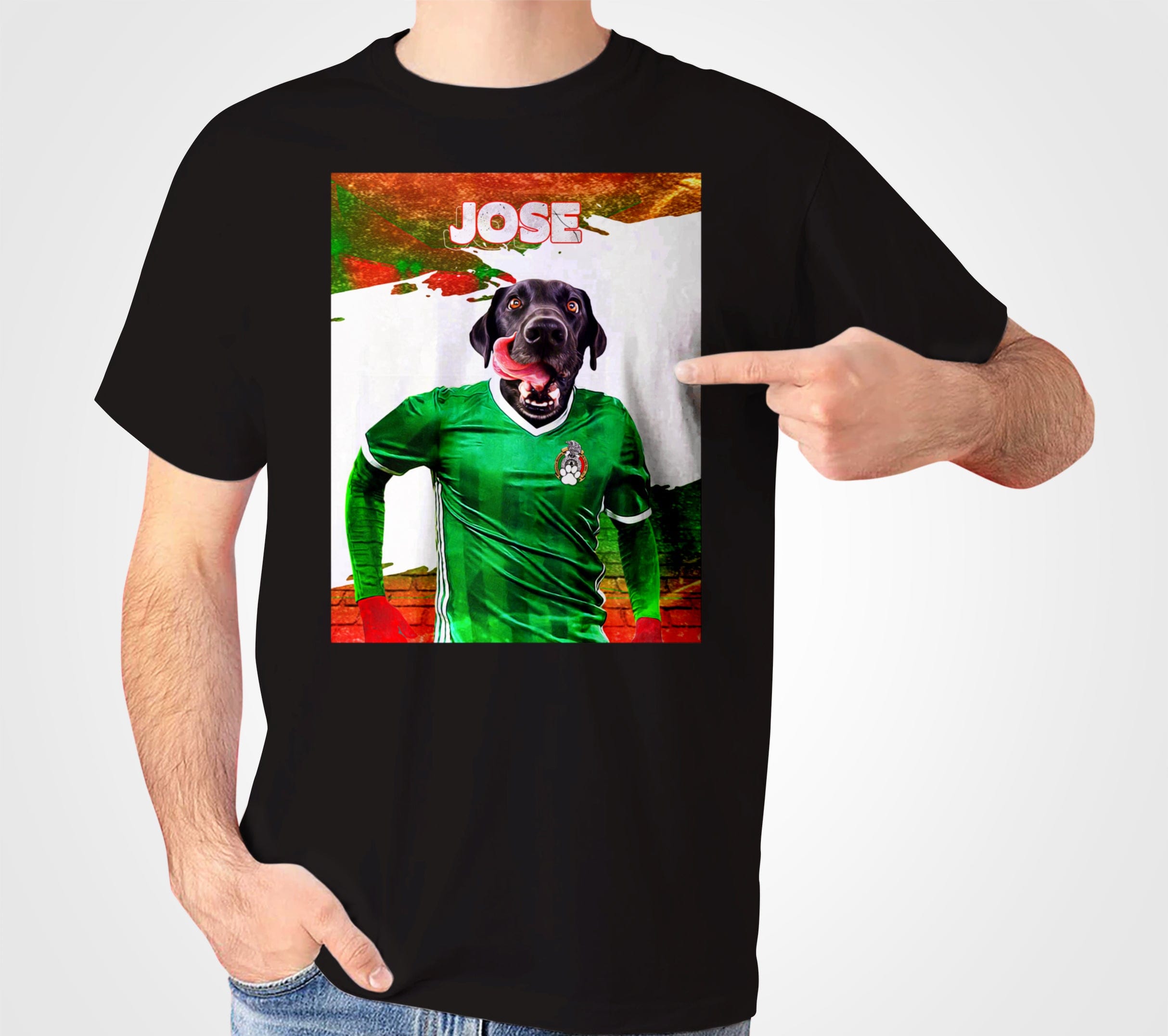 Black personalized pet t-shirt featuring a dog in a green Mexico soccer jersey with "JOSE" above.