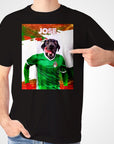 Black personalized pet t-shirt featuring a dog in a green Mexico soccer jersey with "JOSE" above.