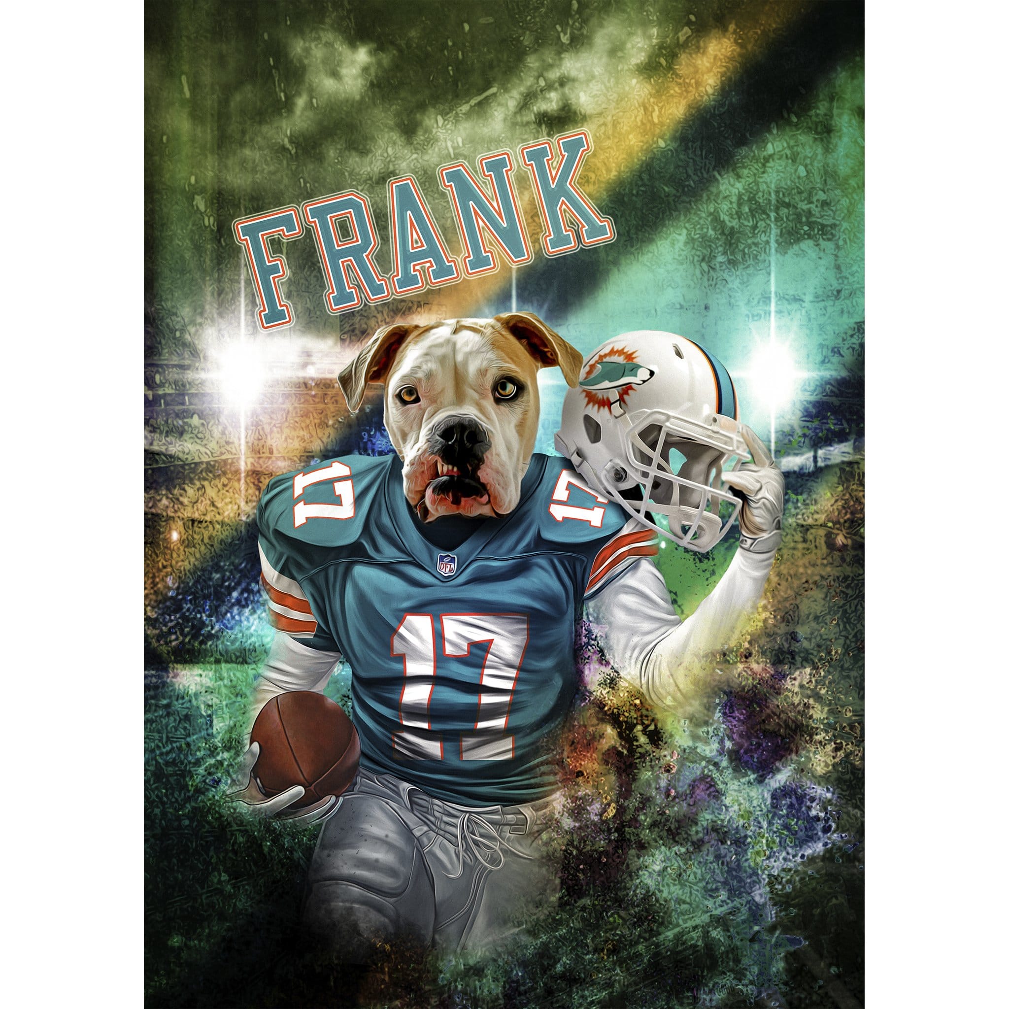 Personalized digital portrait of a dog in a Miami Dolphins football uniform with "FRANK" above.