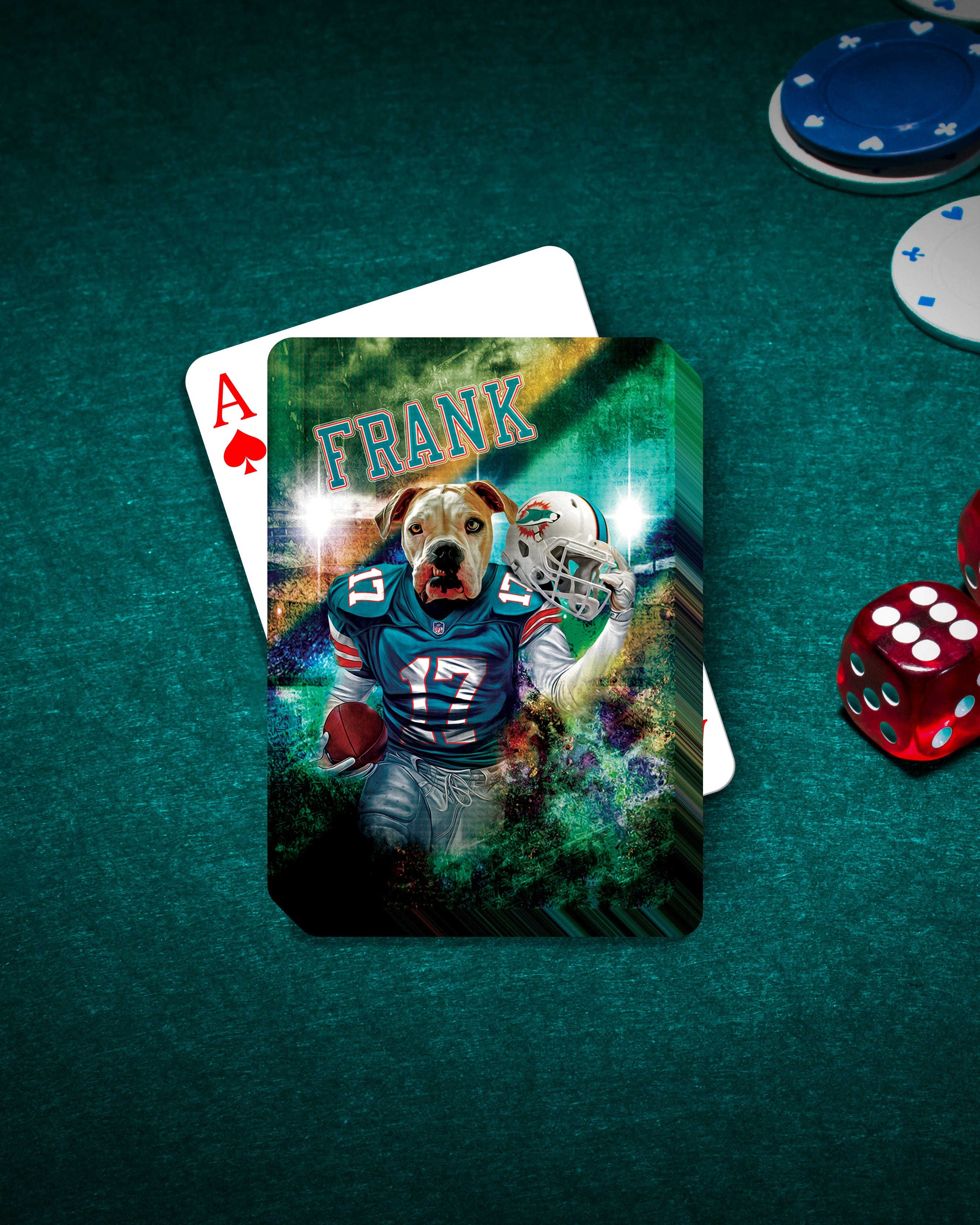 Personalized 'Miami Doggos' playing card featuring a dog in a football uniform, on a green felt table with poker chips and dice.