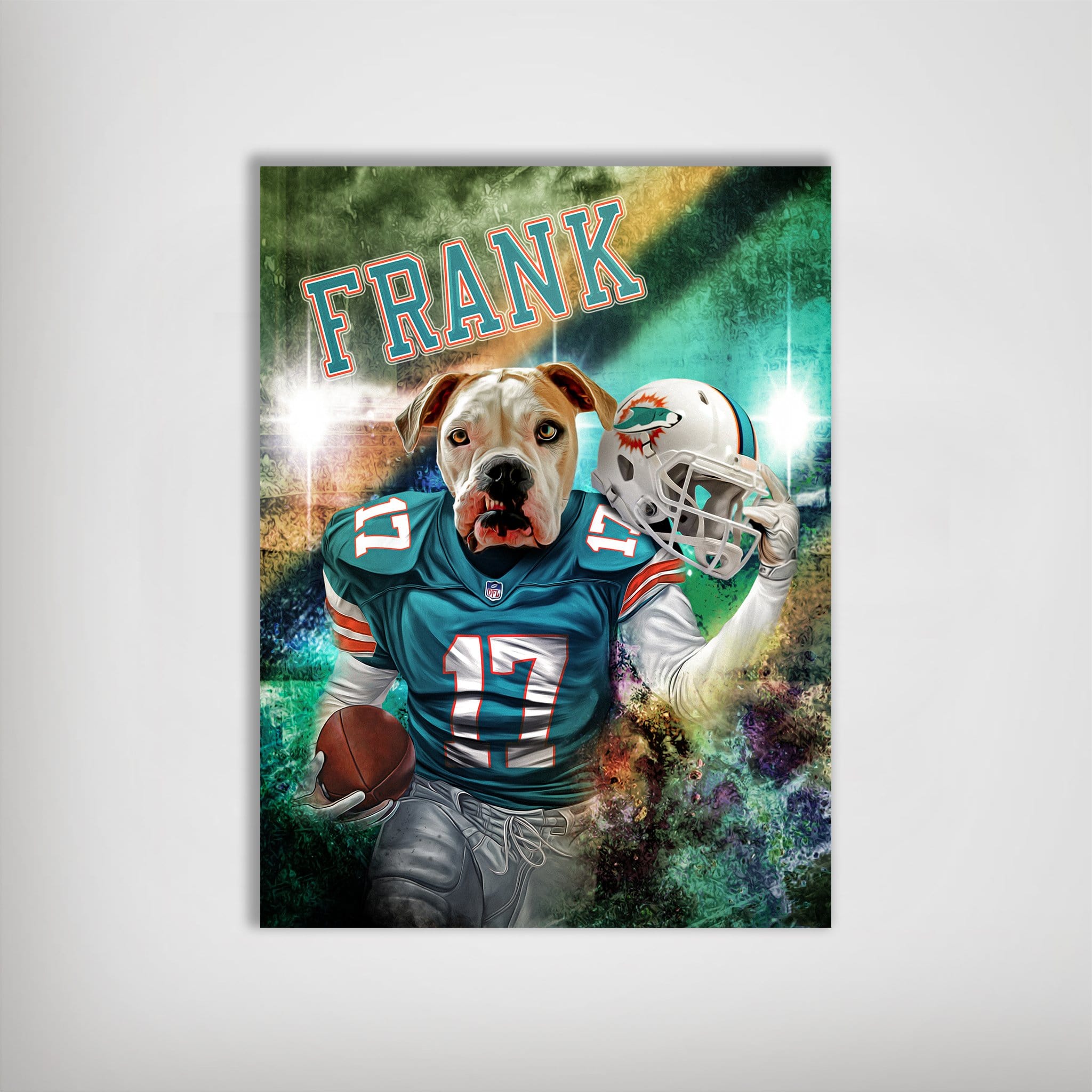 Personalized Miami Doggos pet poster featuring a bulldog in a teal football uniform, holding a helmet and ball.