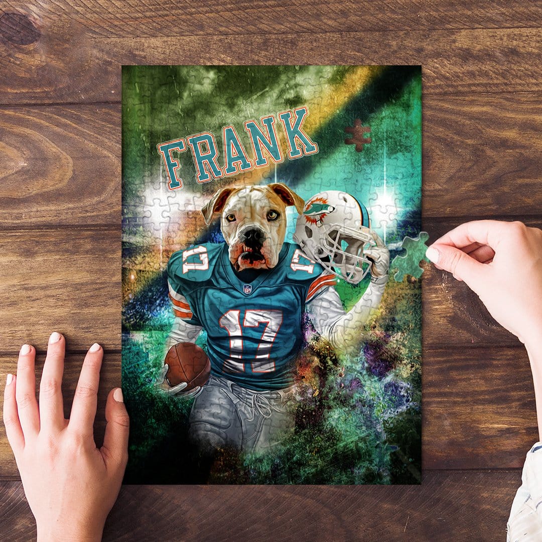 Personalized pet puzzle featuring a dog in a Miami Dolphins football uniform with "FRANK" above.